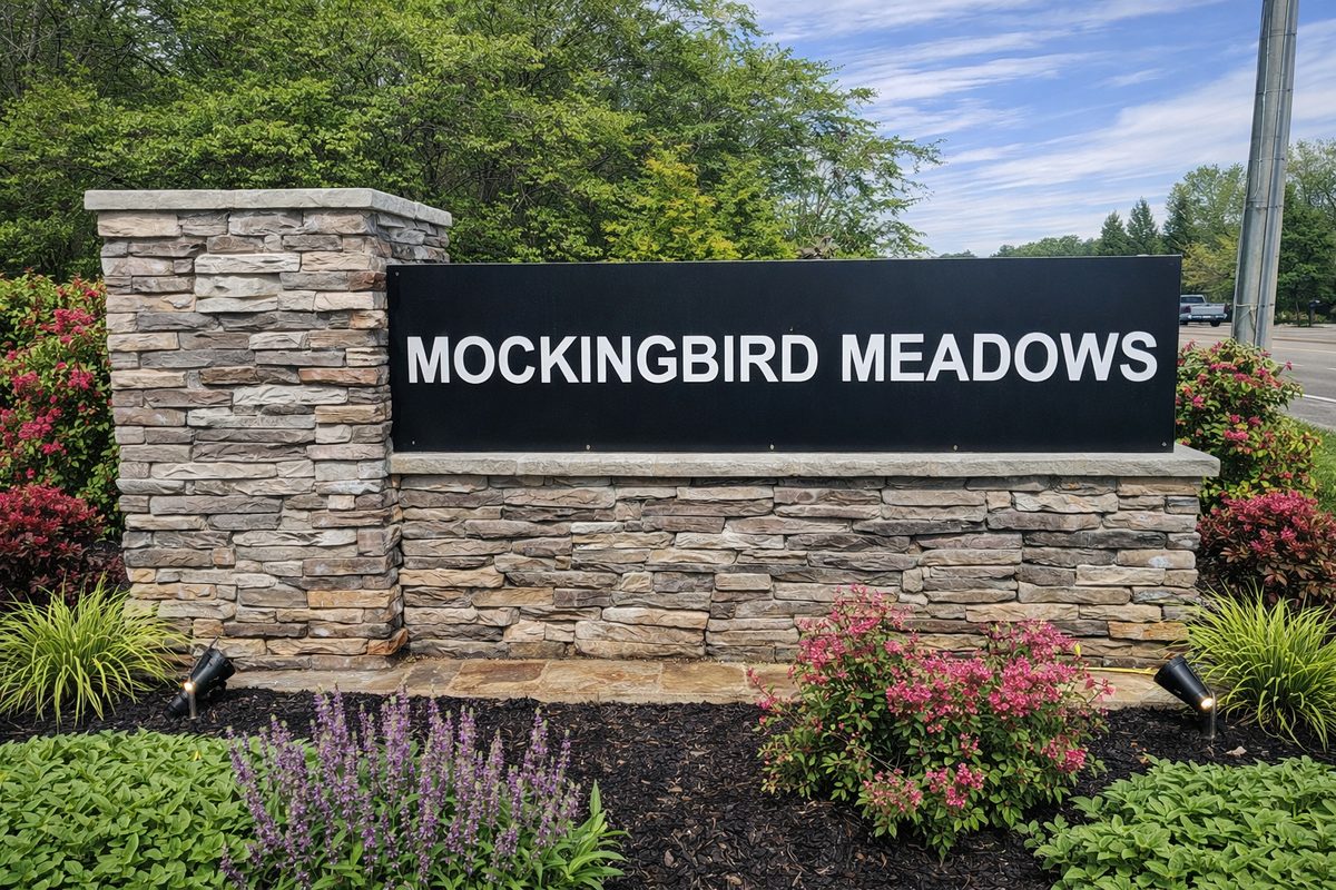 Stone entrance monument with a black sign reading Mockingbird Meadows, surrounded by flowering shrubs and trees in Halls, North Knoxville, Tennessee